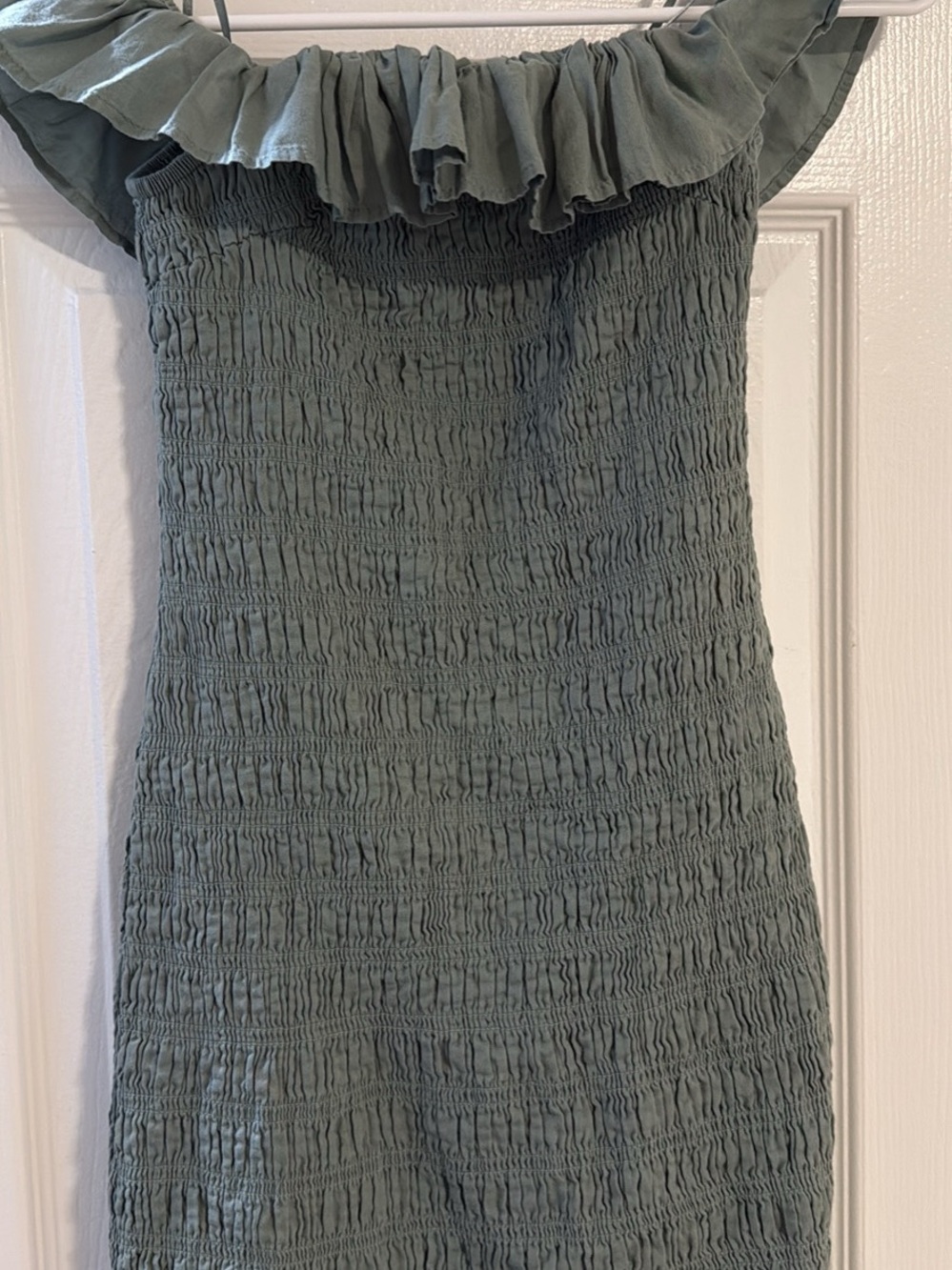 Abercrombie & Fitch Sage Green Smocked Off-Shoulder Mini Dress